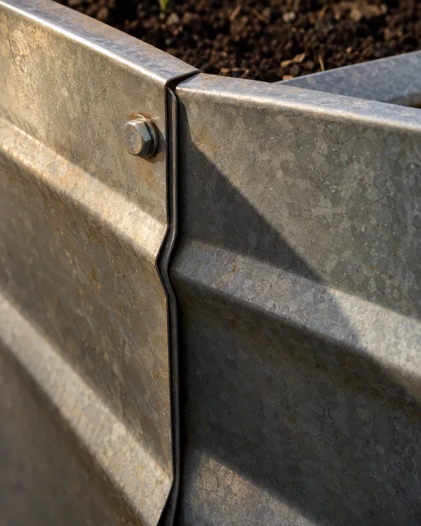 A close-up of overlapping galvanized-steel panels at the rim of a raised bed, joined by a single bolt.