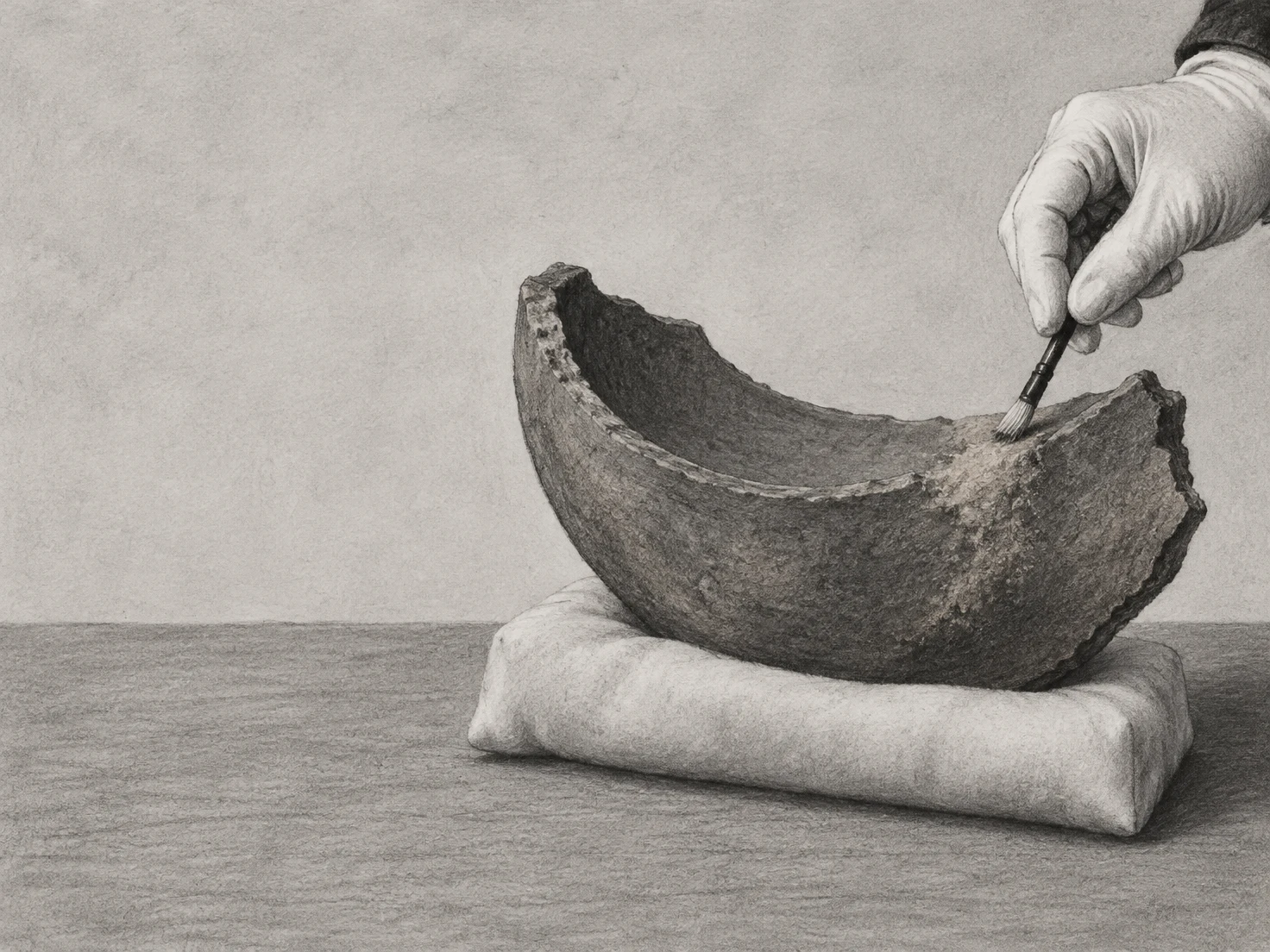 A gloved hand uses a small brush to clean a large crescent-shaped pottery fragment resting on a padded support on a sparse gray worktable, with open space to…