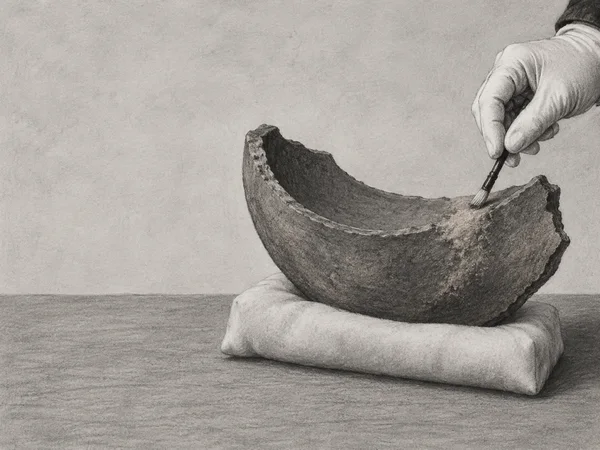 A gloved hand uses a small brush to clean a large crescent-shaped pottery fragment resting on a padded support on a sparse gray worktable, with open space to…