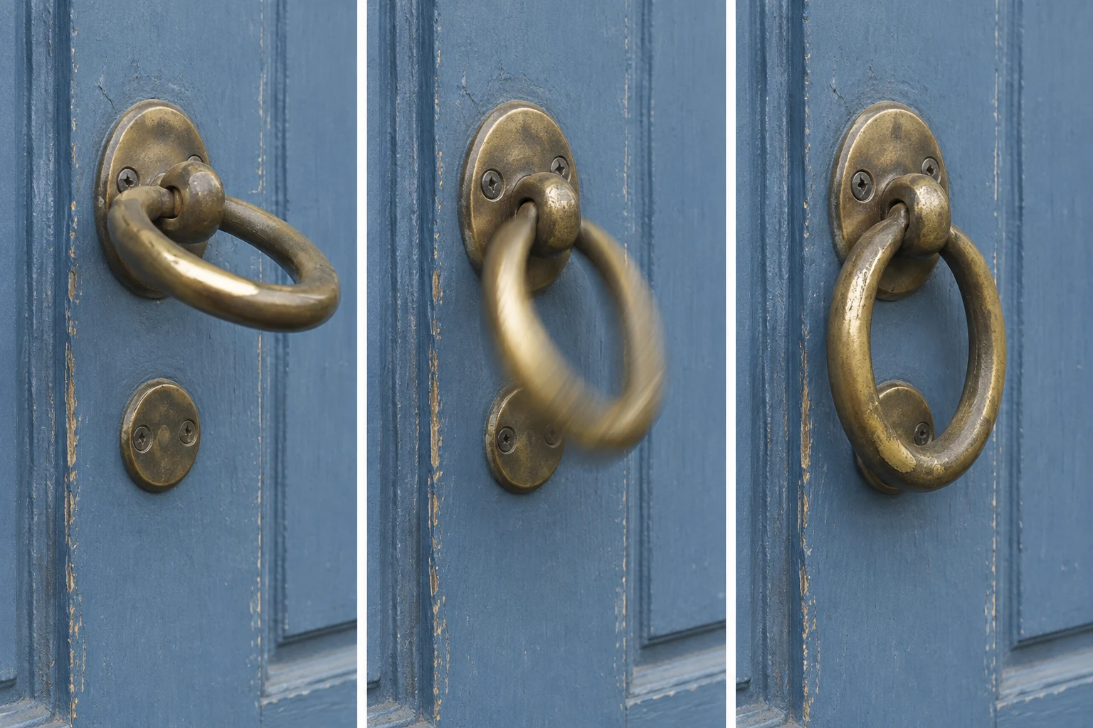 Three-panel sequence of a brass ring door knocker on a faded blue wooden door: the ring is raised in the left panel, motion-blurred as it swings in the centre…