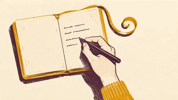 A stylized open journal with cream pages and a saffron cover rests on a warm cream surface.