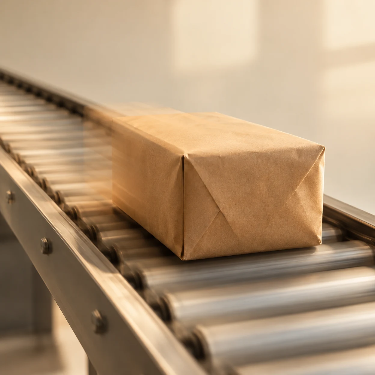A large kraft-paper parcel rests on a metal roller conveyor running diagonally through a warm, softly lit studio-like space.