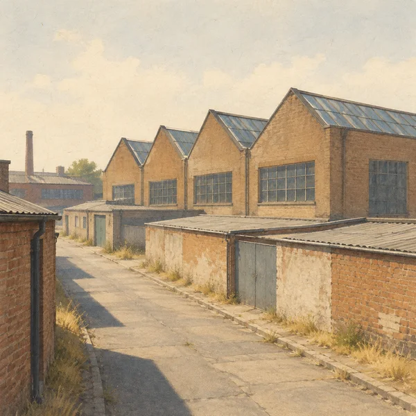 An empty paved lane runs between low, weathered brick workshops toward a large ochre factory with repeated sawtooth roof sections and blue-gray glazing…