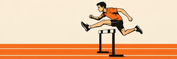 A short-haired athlete in an orange shirt, black shorts and running shoes clears a black-and-ivory hurdle, moving left above an orange track with two white…