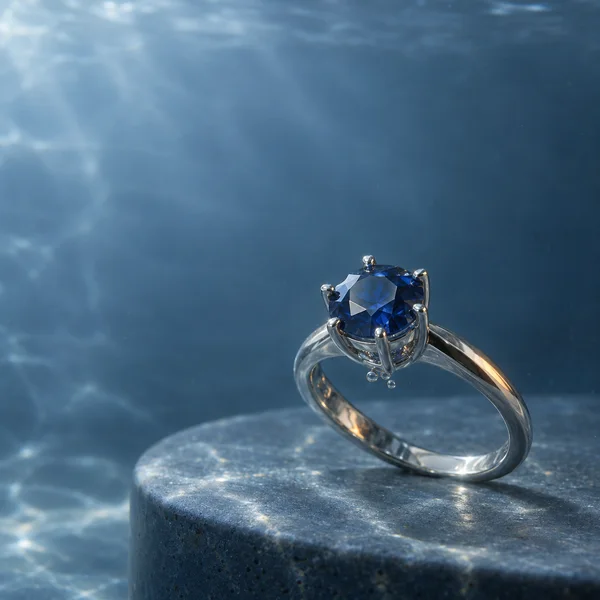 A polished platinum-colored solitaire ring with a deep-blue sapphire rests on a textured blue-grey plinth underwater.