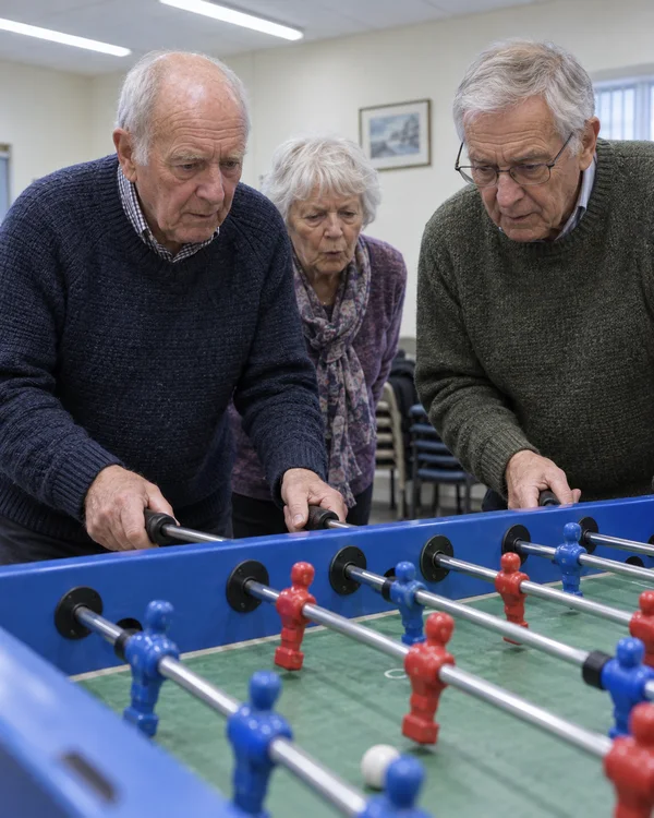 Three older adults in knitwear lean over a blue foosball table in a pale-walled room.