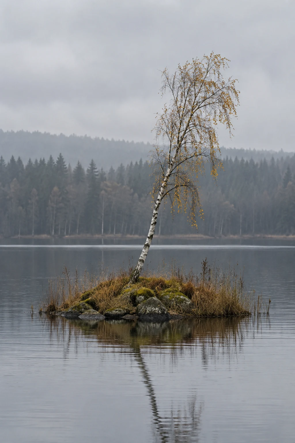 A slender, leaning birch with sparse yellow leaves rises from a mossy, reed-covered rocky islet in a calm grey lake, with its reflection below and a…