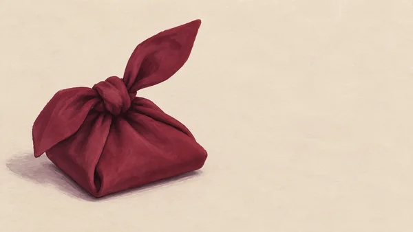 A burgundy cloth tied into a large knot rests on a pale beige surface, with a soft shadow and open space to the right.