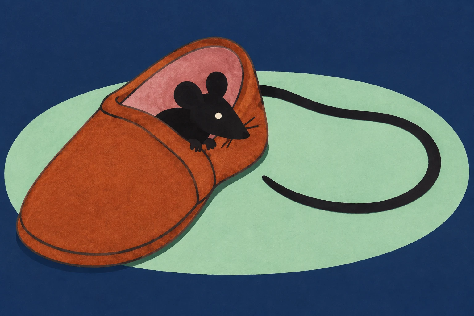 A black rat with rounded ears, a pale eye and short whiskers peeks from the rose-lined opening of a large rust-colored slipper.