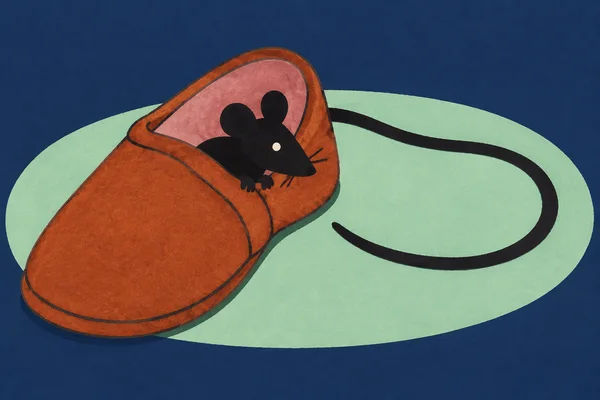A black rat with rounded ears, a pale eye and short whiskers peeks from the rose-lined opening of a large rust-colored slipper.