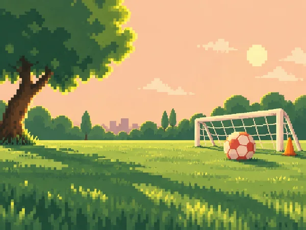 A pixel-art park football lawn at sunset, with a coral-and-cream ball and orange cone in front of a goal on the right and a large tree cropped along the left…