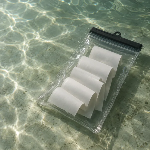 A clear waterproof pouch with a dark closure lies diagonally on a pale green underwater floor, holding five blank white receipt slips in a staggered…