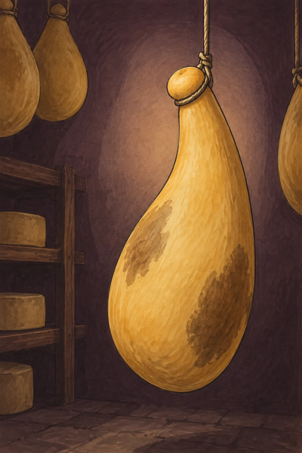 A large golden, pear-shaped cheese with dark maturation patches hangs from a cord in a plum-colored room, with partial cheeses at the edges and a wooden rack…