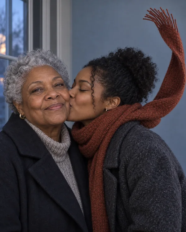 An older Black woman with short silver curls smiles as a younger woman kisses her cheek beside a tall window.