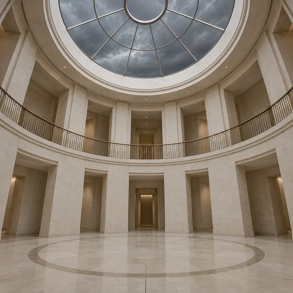 A spacious circular limestone atrium with a bronze-toned gallery railing, a patterned stone floor, and a glazed skylight showing dark clouds above.