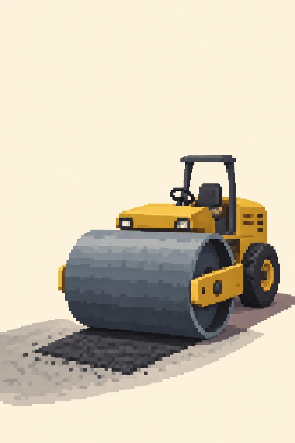A pixel-style mustard-yellow road roller presses its wide blue-grey drum over a dark asphalt patch on a pale grey road, isolated against a warm cream…