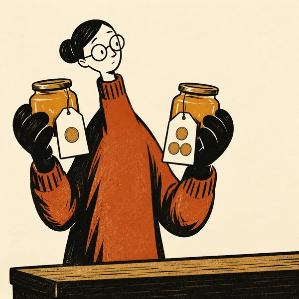 A bespectacled illustrated shopper in a rust-colored garment holds two squat jars of golden preserves above a wooden counter, comparing cream tags marked with…