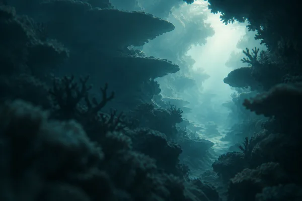 A shadowy underwater passage framed by overlapping plate-coral shelves and branching silhouettes, receding toward a pale cyan glow slightly right of center.
