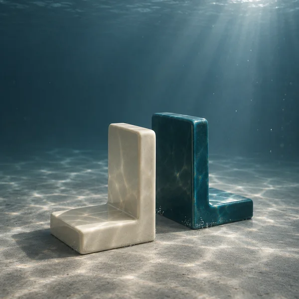 Two glossy L-shaped ceramic bookends, one ivory and one deep teal, stand on a rippled grey floor beneath clear blue-green water, with light rays and small…