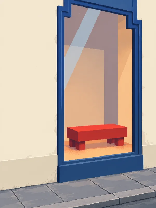 A tall sapphire-blue shop window with stepped corners stands in a pale cream facade above a tiled pavement.