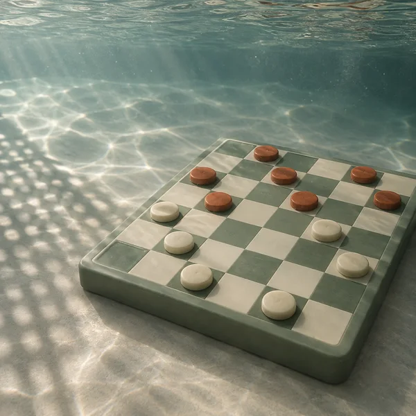 A muted sage-and-ivory checkers board with terracotta and ivory counters sits on a pale tank floor beneath clear water, with rippling light patterns across the…