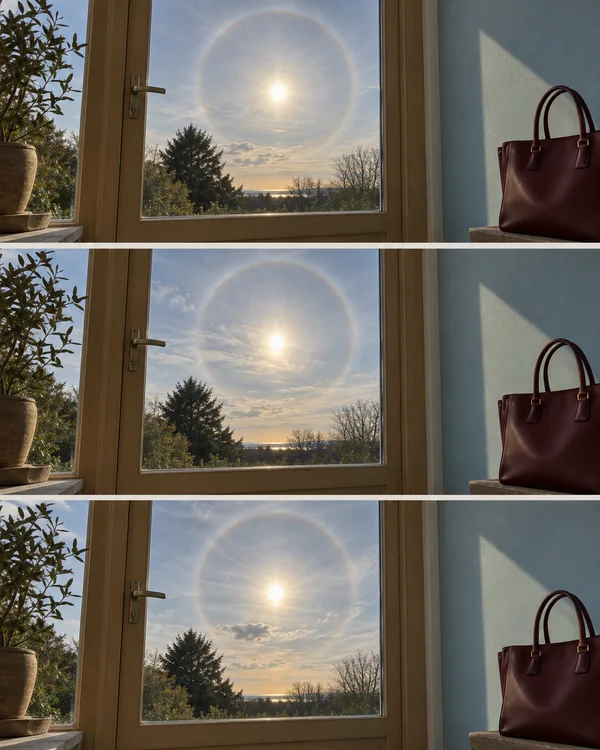 A three-panel vertical sequence shows a wooden-framed window with a bright sun encircled by a faint halo, shifting clouds, and trees beyond; a burgundy leather…