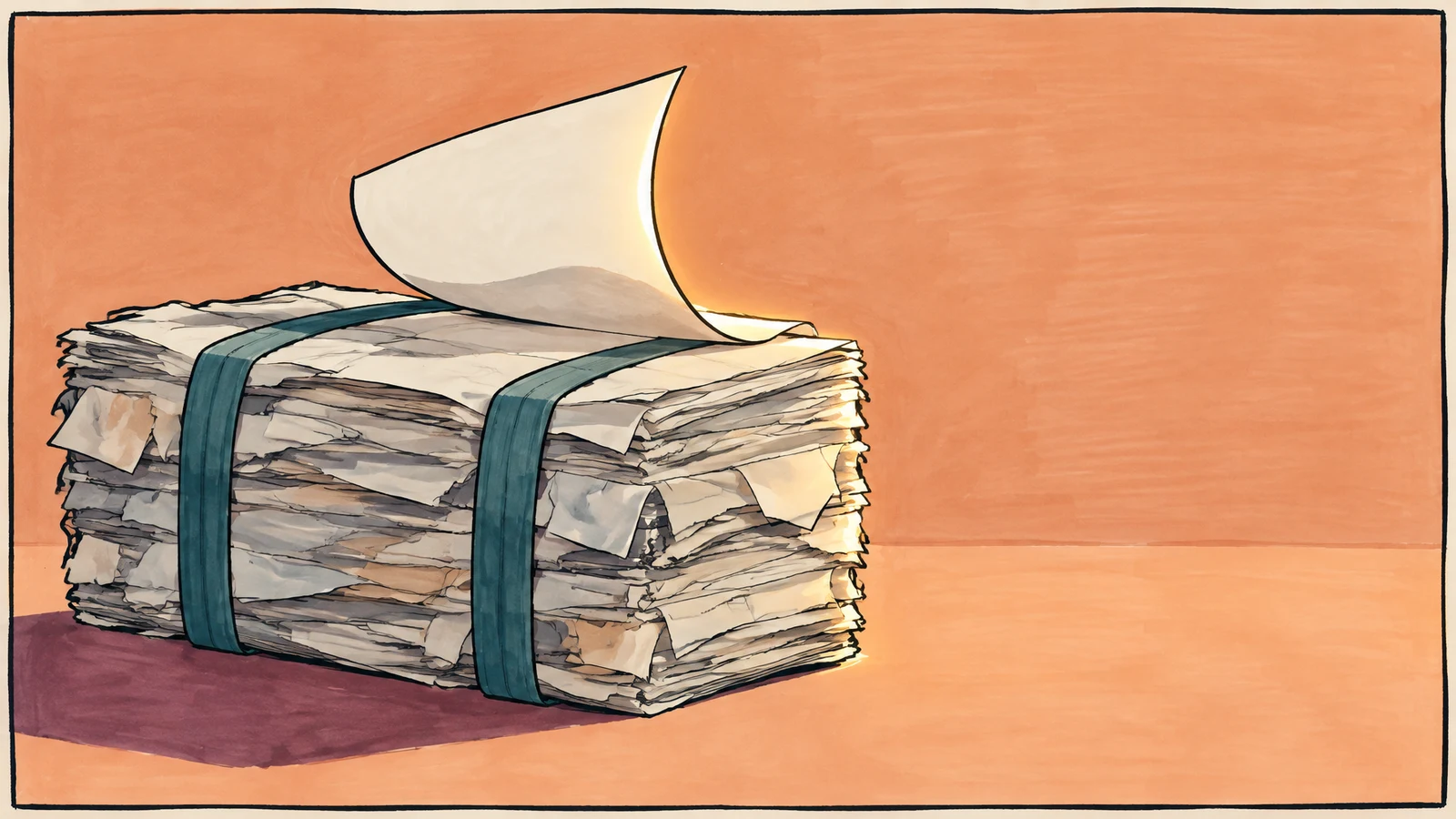 A hand-drawn illustration of a compressed bale of cream and grey paper cinched with two teal straps, with a large top sheet curling upward.