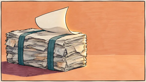 A hand-drawn illustration of a compressed bale of cream and grey paper cinched with two teal straps, with a large top sheet curling upward.