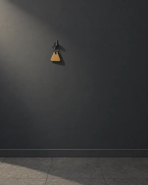 A small ochre triangular fob with dark metal rings hangs from a peg on a charcoal entryway wall above a tiled floor strip, with a broad empty area of wall…