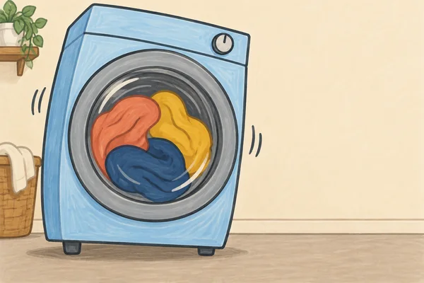 A pale-blue front-loading washing machine with a large circular glass door sits in a warm cream laundry nook.