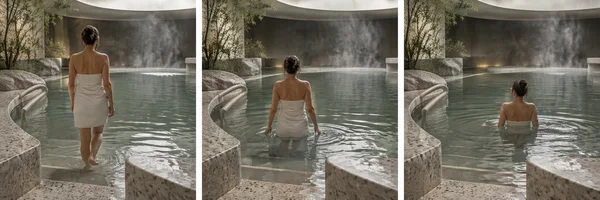 A towel-wrapped adult guest enters a steaming mineral pool across three consecutive views, moving from the submerged steps to waist-deep water in a terrazzo…