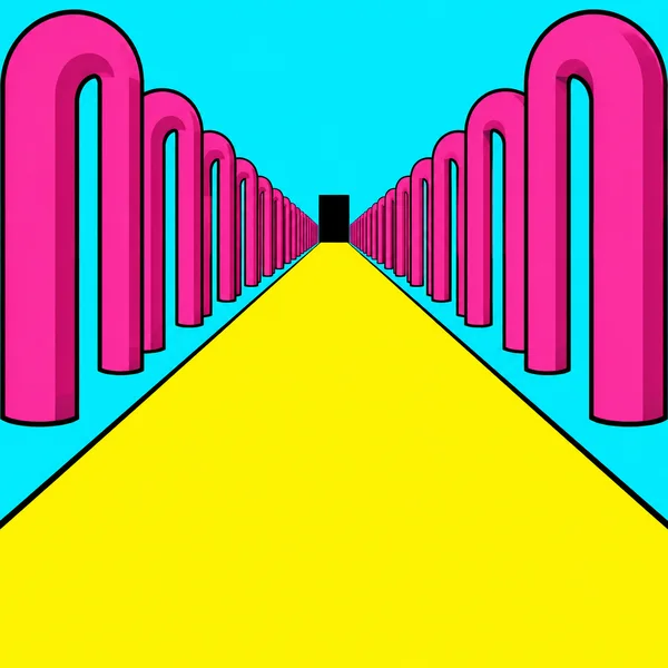 A bright yellow runway narrows toward a black rectangular opening, flanked symmetrically by rows of hot-pink U-shaped arches on a cyan ground.