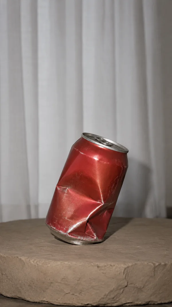 A crushed, faded-red aluminum can with exposed silver creases leans on a rough tan slab, against softly blurred white curtains.