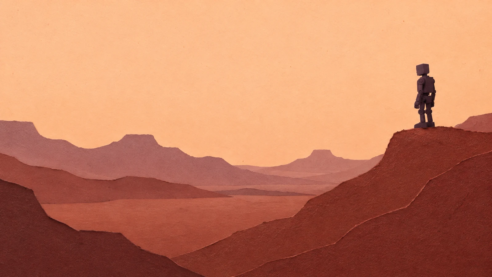 A dark, jointed robot stands on a high ridge at the right of a broad layered red and mauve valley, beneath a pale apricot sky.