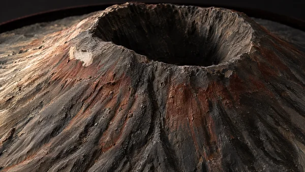 Extreme closeup of a weathered volcano terrain relief, with a deep oval crater and ridged charcoal and rust-red slopes filling the frame; a dark surround is…