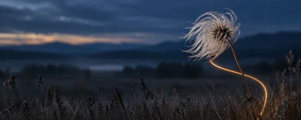 A silver, feathery clematis seed head stands in the right third of a blue-hour meadow, with a long stem and a curved amber light trail beneath it; dark grasses…