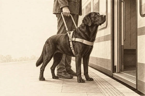 A black Labrador wearing a guide harness stands beside a cropped adult handler on a railway platform, facing an open train doorway.
