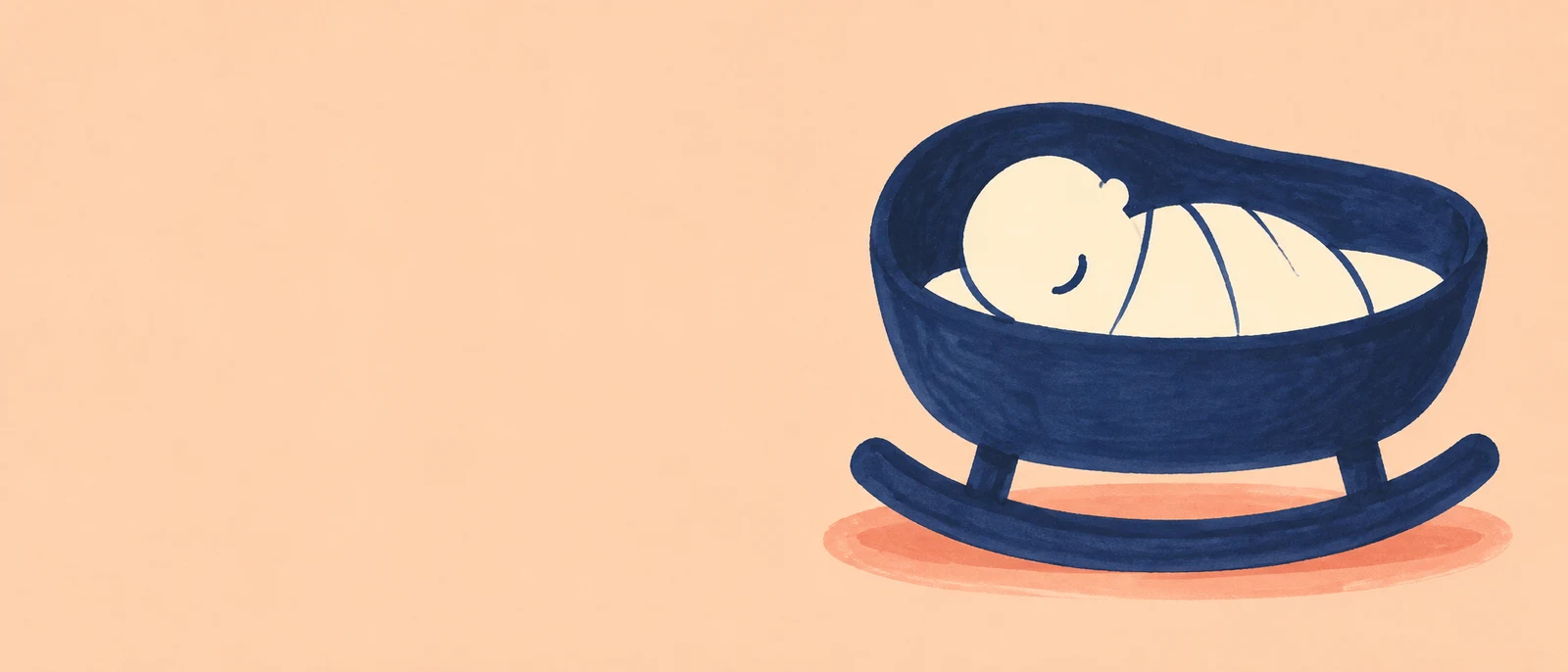 A dark indigo rocking cradle with a cream-colored sleeping newborn nestled inside sits on the right against a warm peach background, with a muted coral oval…