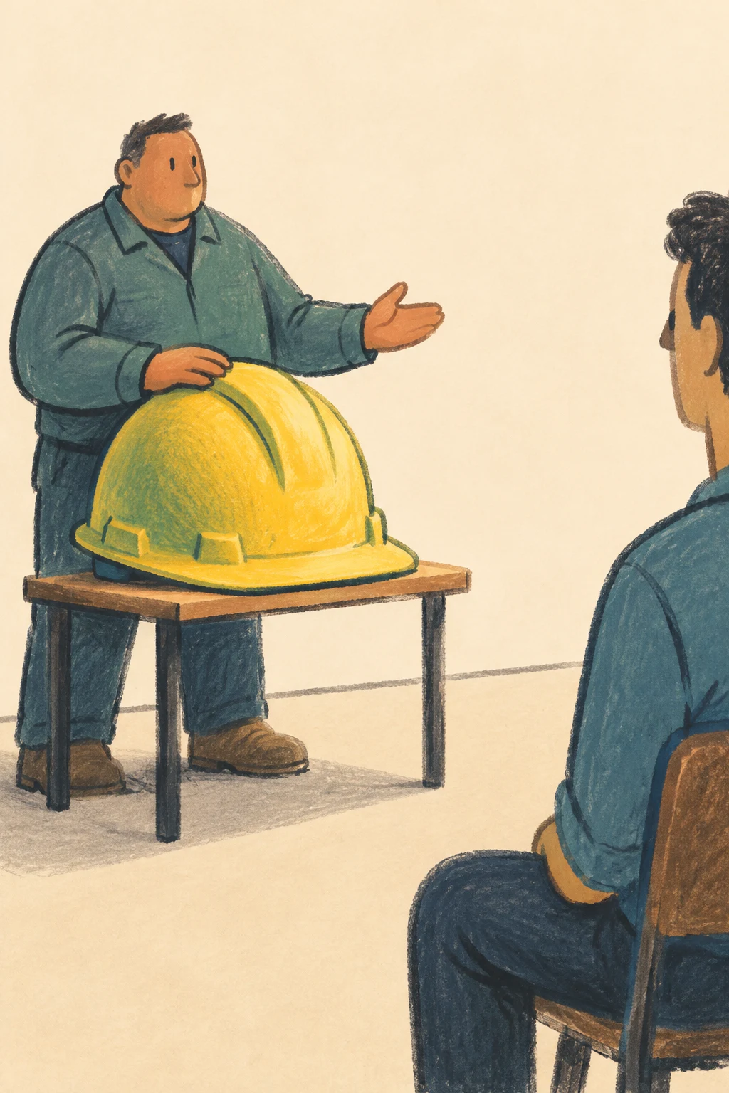 A broad worker stands behind a small wooden table with an oversized yellow hard hat, one hand resting on it and the other held out in a presenting gesture.