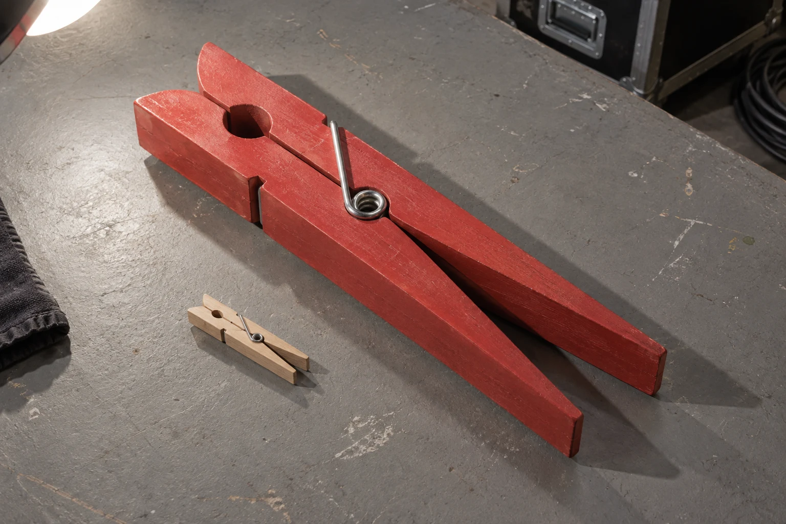 A large red-painted wooden clothespin lies diagonally beside a small unpainted wooden clothespin on a gray worktable.