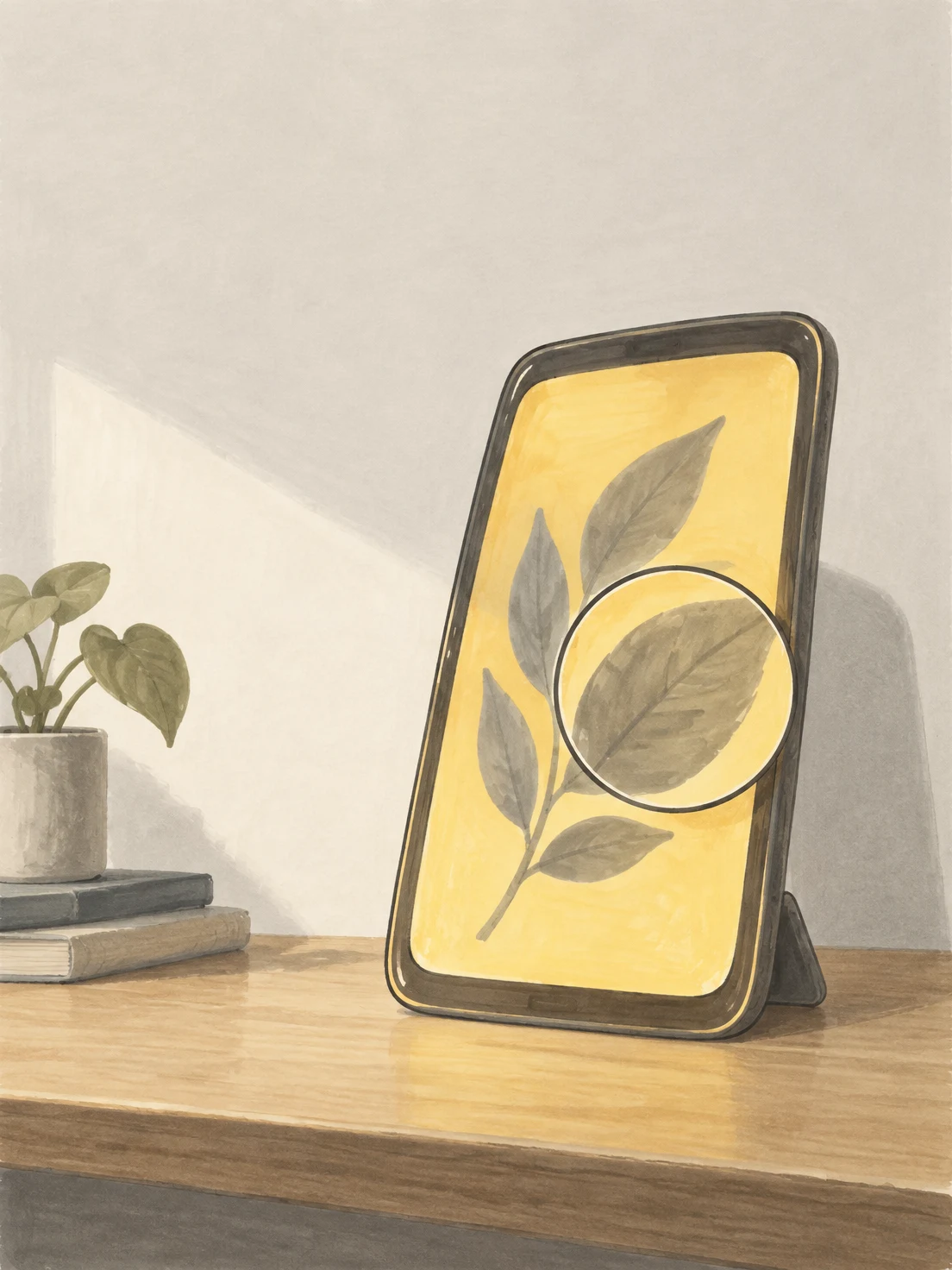 A tall, dark-cased tablet with a yellow screen stands on a wooden desk ledge, showing a grey leafy branch and a circular magnifier over one leaf.