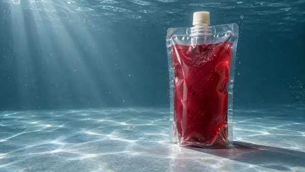 A clear stand-up pouch filled with dark ruby-red liquid stands on a pale blue tank floor underwater.