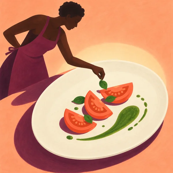 A cook in a plum apron leans over a large ivory plate, placing a green leaf beside three coral tomato wedges and a curved green sauce garnish against a warm…