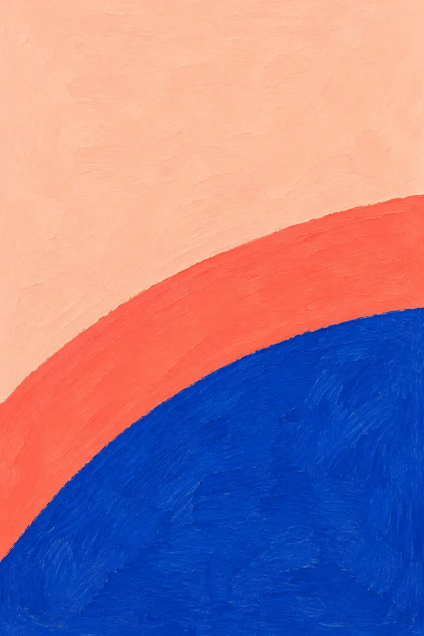 A portrait-format abstract painting with a broad coral band curving between a pale peach upper field and a cobalt-blue lower field; visible brush marks texture…