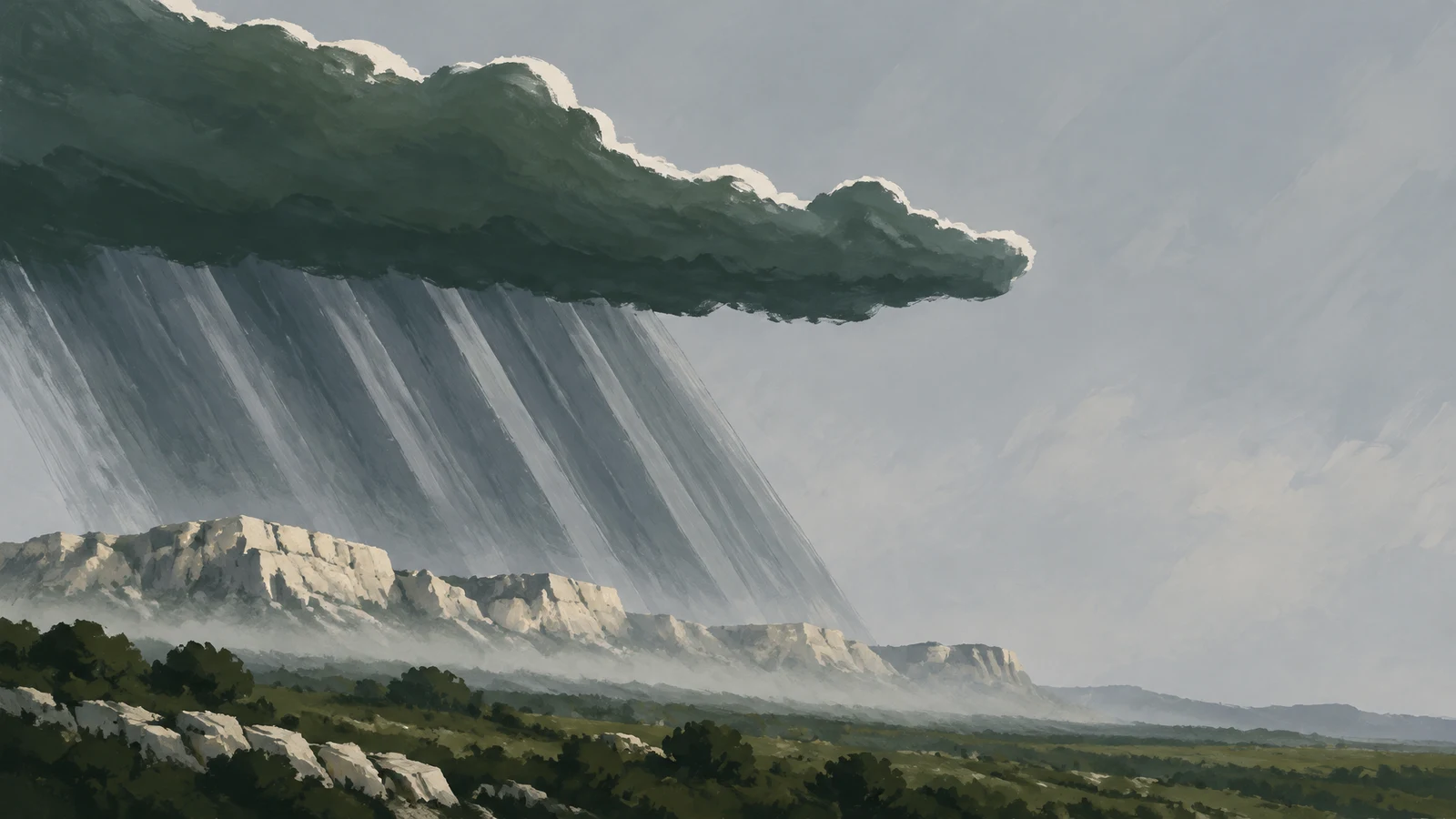 A long dark green storm cloud hangs over a pale limestone ridge, sending slanted bands of rain across the left side of a hazy landscape; open grey sky fills…