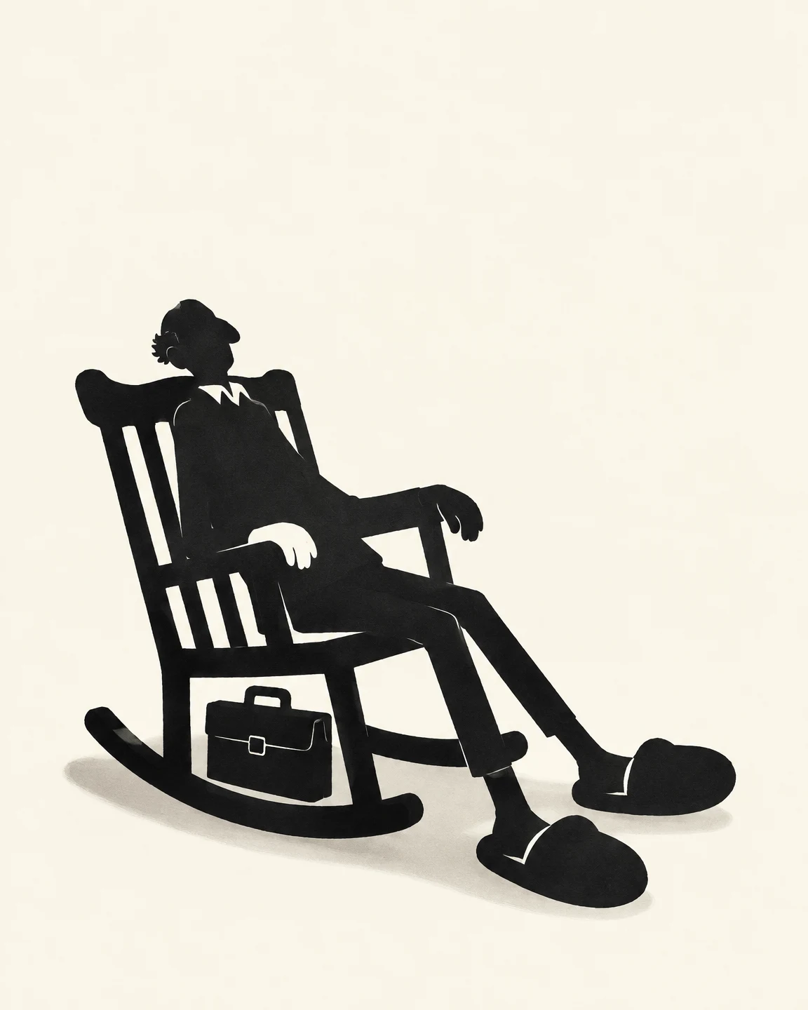A black paper-cut silhouette of an older person reclining in a rocking chair, with long legs in oversized slippers and a closed briefcase beneath the seat…