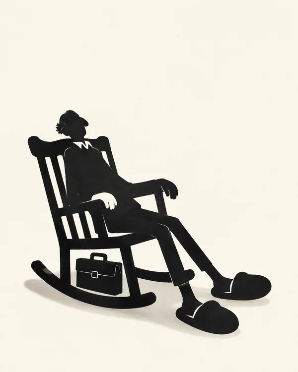 A black paper-cut silhouette of an older person reclining in a rocking chair, with long legs in oversized slippers and a closed briefcase beneath the seat…