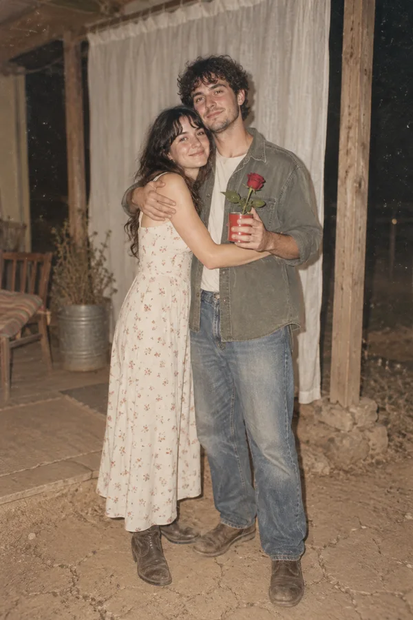 A young couple embrace on a veranda in front of white curtains and unfinished wooden posts.