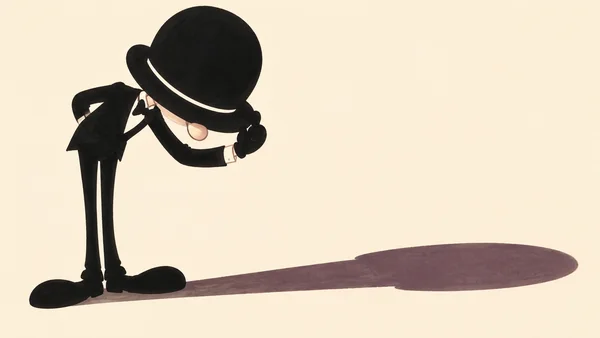A long-legged comic performer in a short dark jacket bows beneath an oversized bowler hat, with one hand near the brim and an elongated plum shadow stretching…