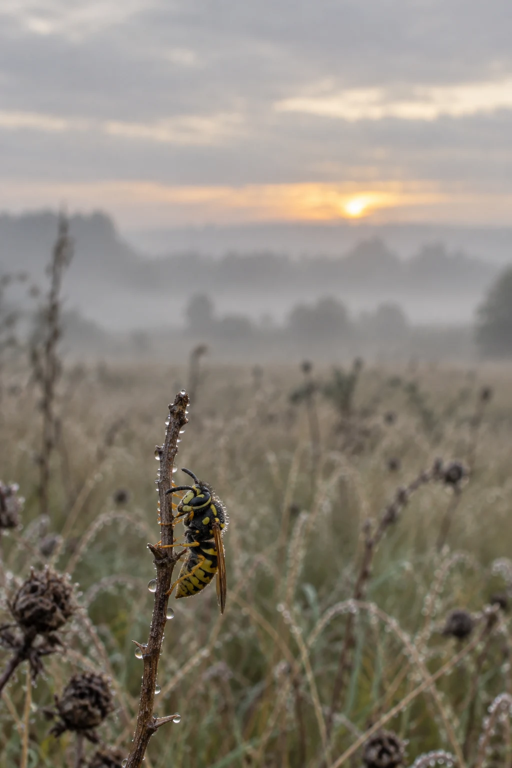 A yellow-and-black wasp clings to a dew-beaded dry stem in a misty meadow, with pale grasses and a warm low sun blurred in the background.